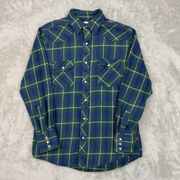 Wrangler Other - Wrangler Flannel Shirt Mens Medium Wrancher Green Blue Western Pearl Snap Casual